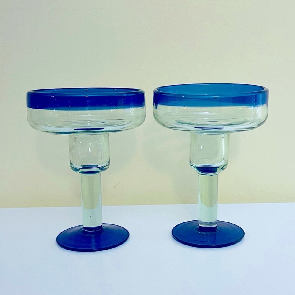 2 Hand Blown Cobalt Blue & Clear Margarita Glasses Barware